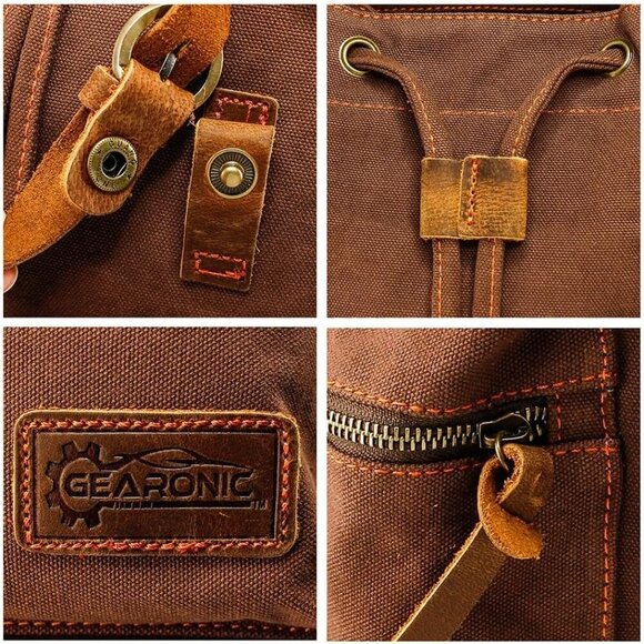 GEARONIC Vintage Canvas Backpack Leather Rucksack Knapsack 15inch Hiking Bag - Picture 5 of 6